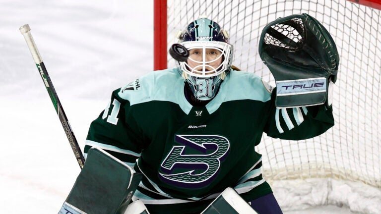 Boston Fleet goalie Aerin Frankel (31) keeps her eye on the puck before making a save against the Toronto Sceptres during the second period at the Tsongas Center.
