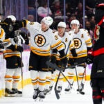 Boston Bruins Morgan Geekie (39) celebrates his goal with the bench while taking on the Ottawa Senators during second period NHL hockey action in Ottawa on Thursday, Nov. 13, 2025.