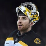 Boston Bruins' Jeremy Swayman looks on during a break in the second period of an NHL hockey game against the New York Rangers, Thursday, Jan. 2, 2025, in New York.