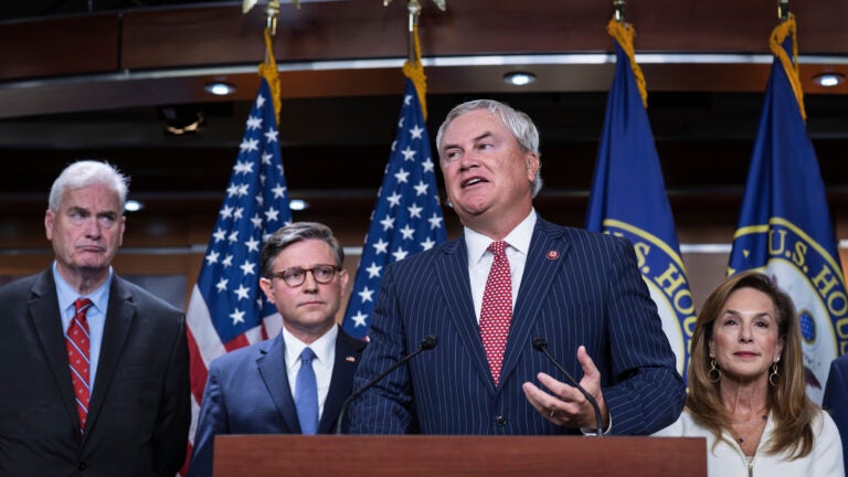 House Oversight Committee Chairman James Comer, R-Ky., center, is joined from left by House Majority Whip Tom Emmer, R-Minn., Speaker of the House Mike Johnson, R-La., and Rep. Lisa McClain, R-Mich., to talk to reporters about the Jeffrey Epstein investigation, at the Capitol in Washington.