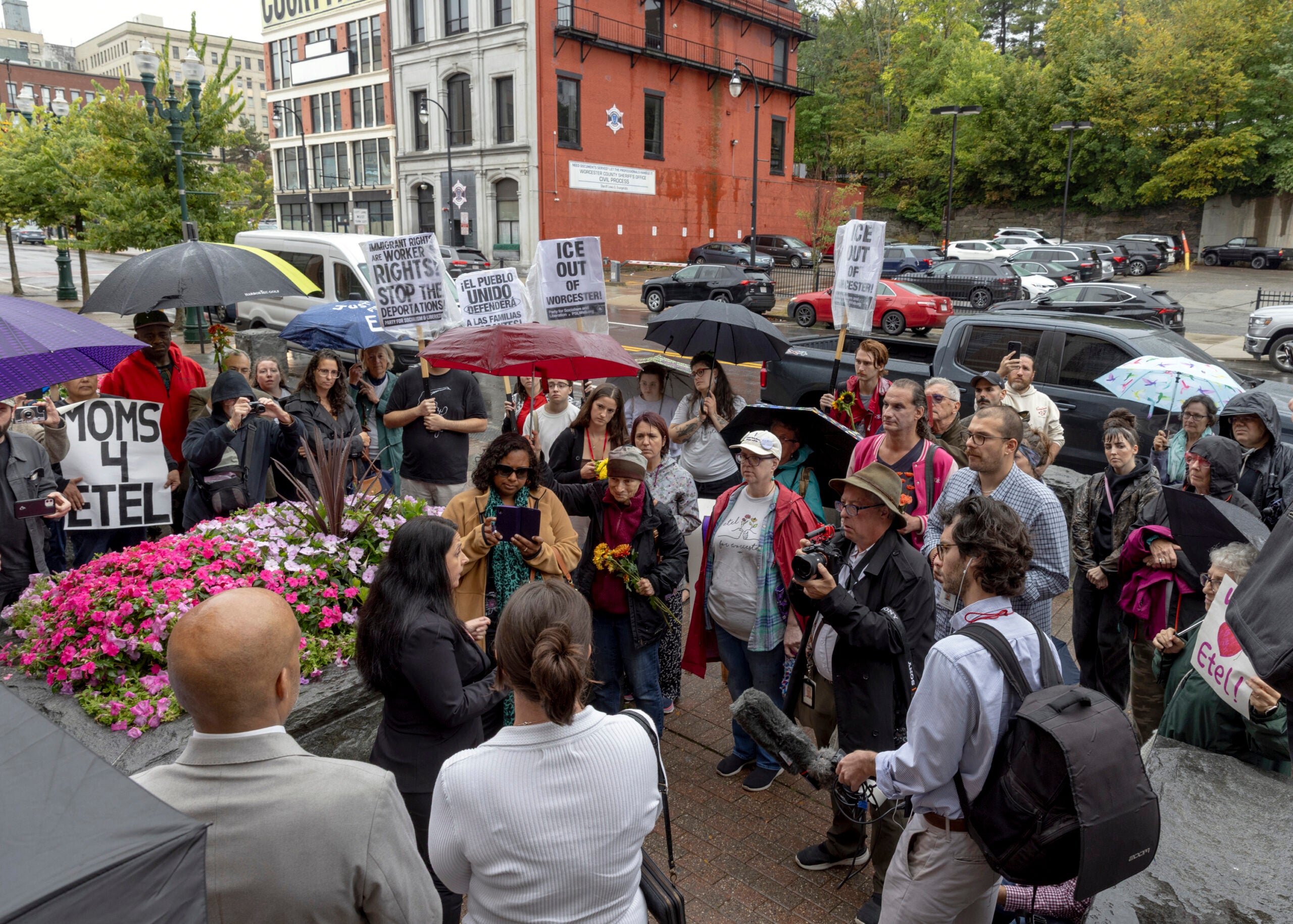 Etel Haxhiaj, a member of the City Council, speaks to supporters after a court hearing in her criminal case in Worcester, Mass.