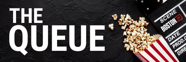 Black banner featuring popcorn and "The Queue." 