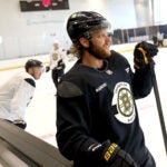 David Pastrnak surveys the scene during Bruins captains’ practice at Warrior Ice Arena on Tuesday, September 2, 2025.
