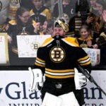 Boston Bruins goaltender Jeremy Swayman (1) pictured during warmups. The Boston Bruins host the New Jersey Devils on Tuesday, April 15, 2025 in the last game of the season at TD Garden in Boston, MA.