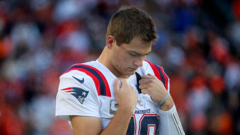New England Patriots quarterback Drake Maye #10 on the sideline on Cincinnati Bengals final drive during fourth quarter NFL action at Paycor Stadium on November 23, 2025.