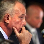 The Boston Bruins CEO Charlie Jacobs looks downcast at an end of season press conference at TD Garden.