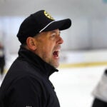 The Boston Bruins held training camp Thursday at the Warrior Ice Arena. Bruins coach Marco Sturm gives instruction during a drill.