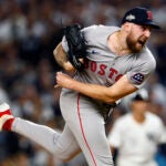 Boston Red Sox starting pitcher Garrett Crochet (35) strikes out a New York Yankees batter during the eighth inning of Game 1 of the Wild Card playoff series at Yankee Stadium on Sept. 30, 2025, in New York.