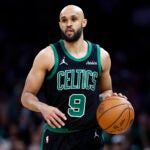 Boston Celtics guard Derrick White (9) dribbles during game five of the NBA Eastern Conference semifinal against the New York Knicks at TD Garden.