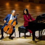 Yo-Yo Ma and Mayor Michelle Wu perform together during a Celebrity Series event in November 2025.